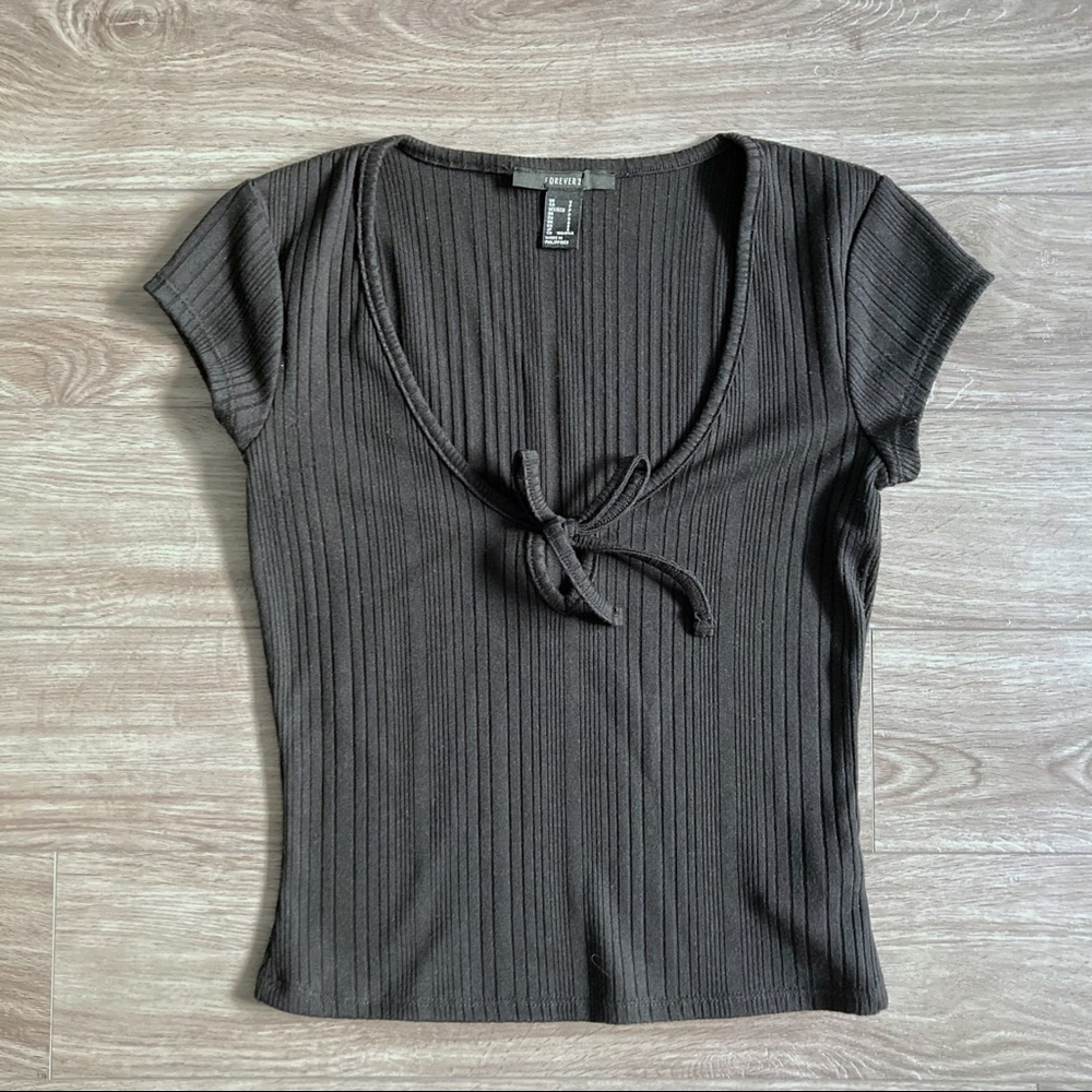 F21 Black Ribbed Ribbon Tee - Picture 1 of 3